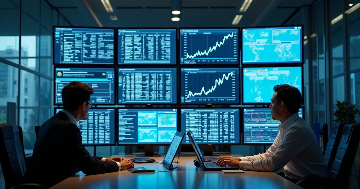 Profissionais auditando dados em empresa financeira usando telas múltiplas e sistemas digitais 