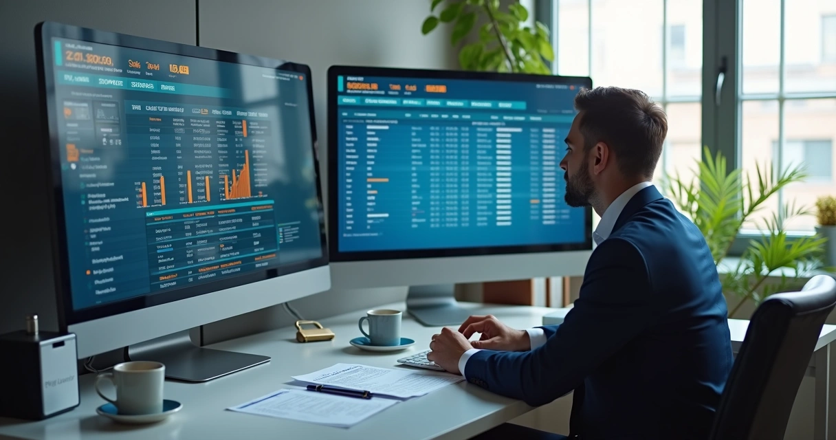 Professional working at a desk with multiple monitors displaying financial and security data. 
