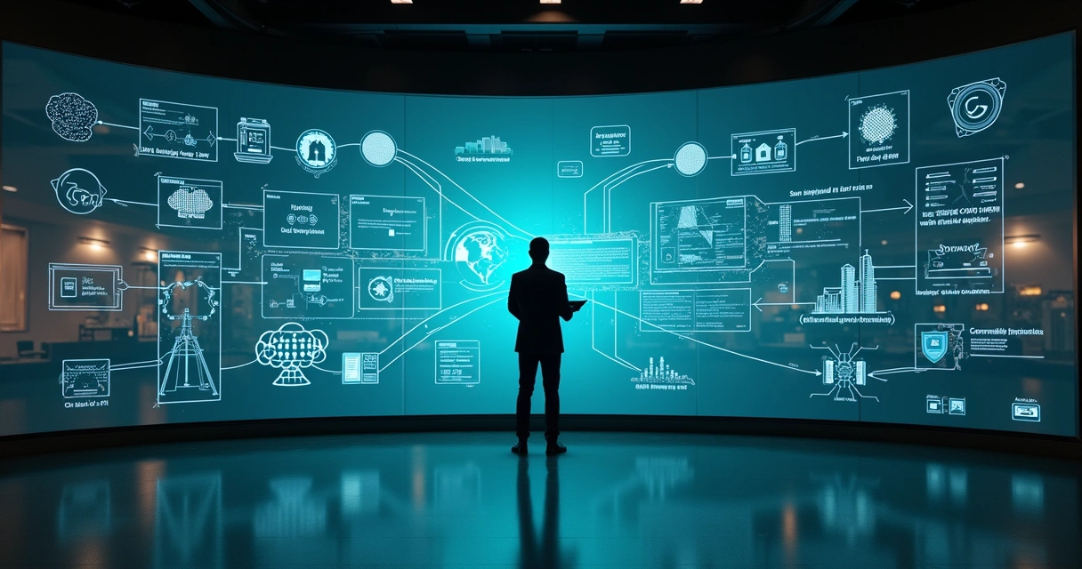 Auditor analisando painel digital com fluxos híbridos de auditoria e proteção de dados. 