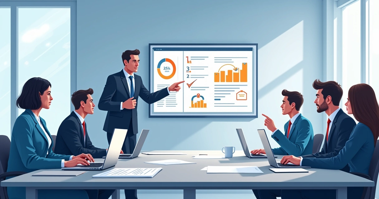 Profissionais de TI fazendo auditoria de licenças de software em sala de reunião. 