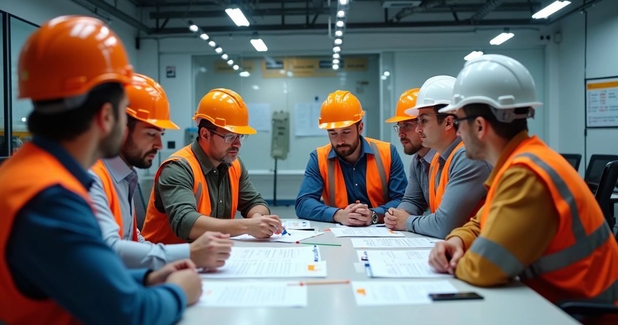 Equipe auditando segurança no ambiente de trabalho, reunião CIPA observando documentos 