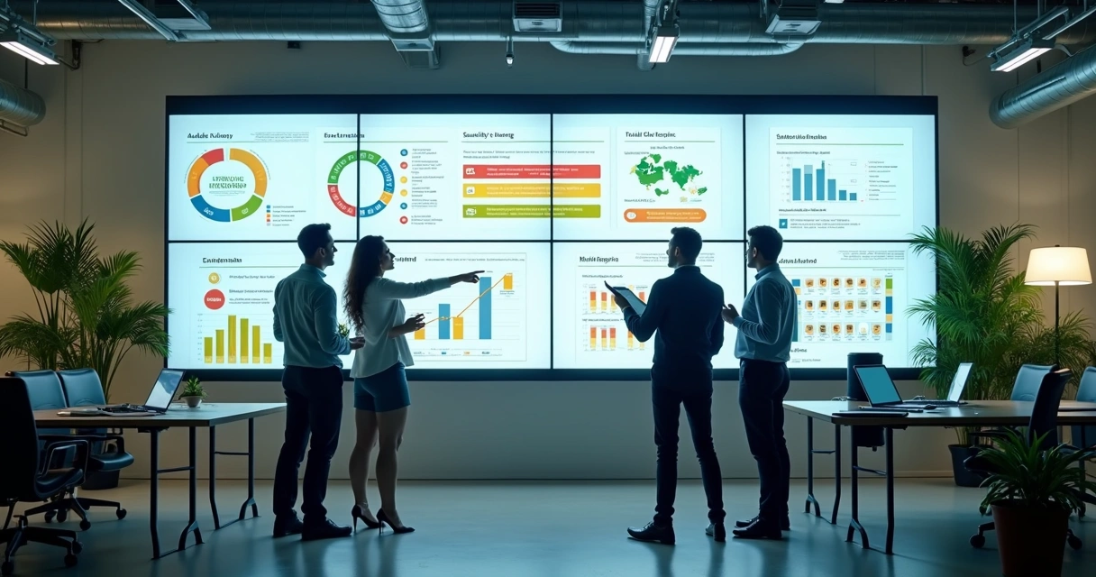 Profissionais em escritório industrial avaliando gráficos de sustentabilidade em grandes monitores 