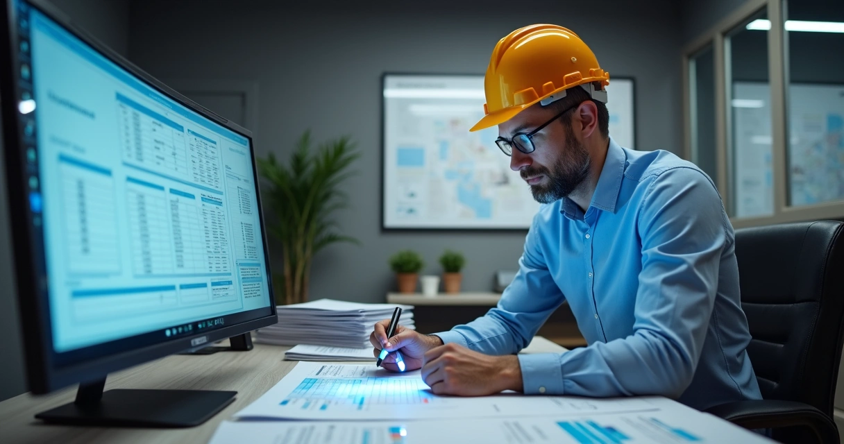 Profissional de auditoria avaliando registros em escritório de construção 