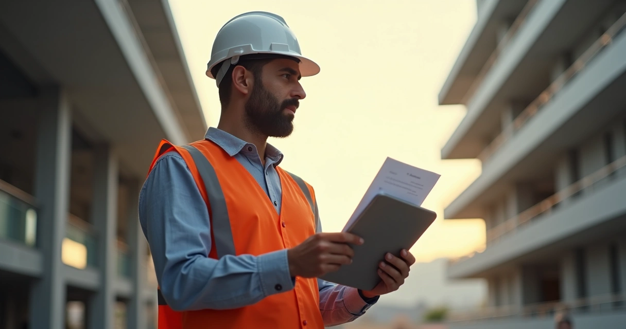 Engenheiro conferindo documentos e tablet em uma obra civil moderna 