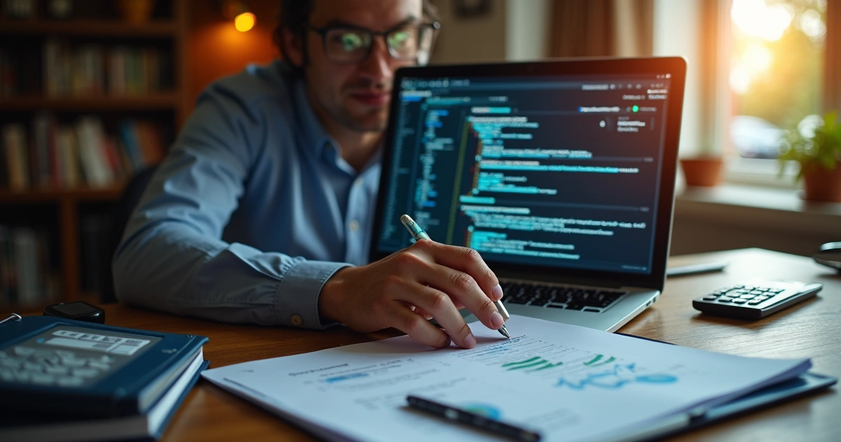 Engenheiro auditando laudo pericial em laptop 