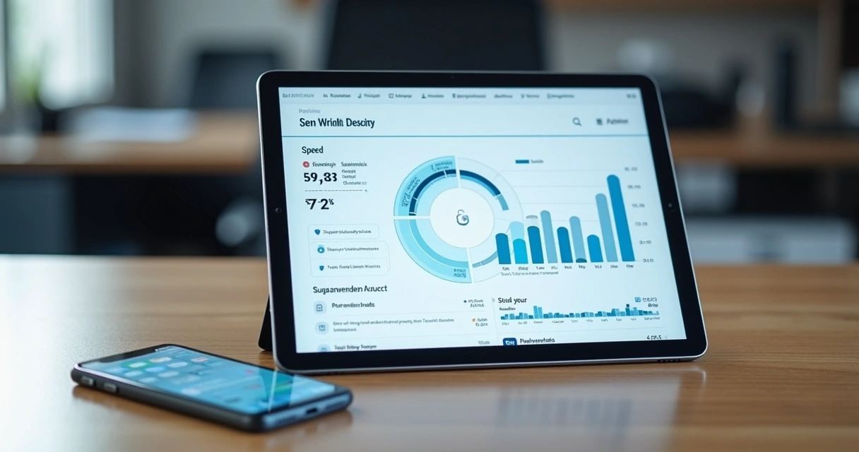 Tablet mostra auditoria técnica de site com indicadores de velocidade e segurança em destaque. 