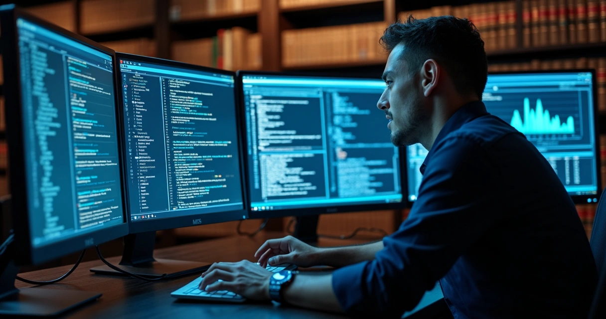 Profissional de TI auditando sistemas digitais de escritório jurídico 