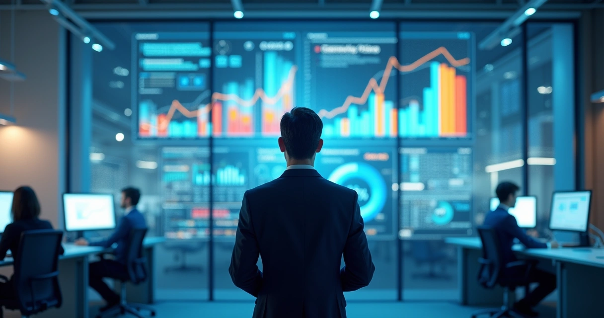 Auditor fiscal usando painel digital transparente com gráficos financeiros.