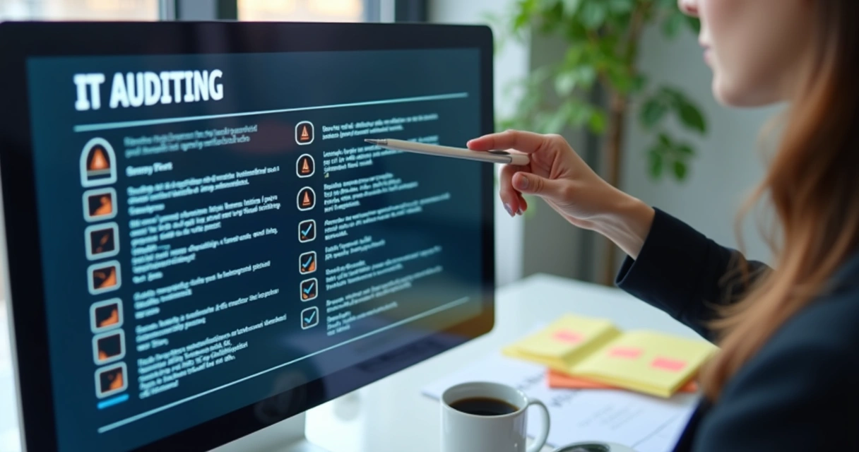 Tela de computador exibindo checklist de auditoria de TI 