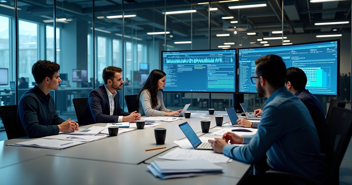 Equipe de auditoria de TI analisando trilhas de auditoria em monitores 