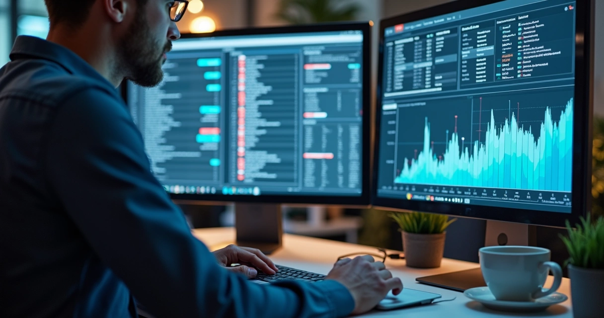 Gestor analisando planilhas e telas de sistemas para renovar contrato de TI.
