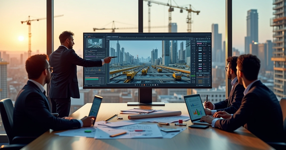 Painel com sequência de imagens time-lapse analisada por equipe de auditoria de obra 