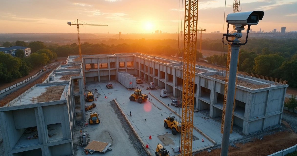 Visão panorâmica do canteiro de obras com câmera time-lapse ao pôr do sol 