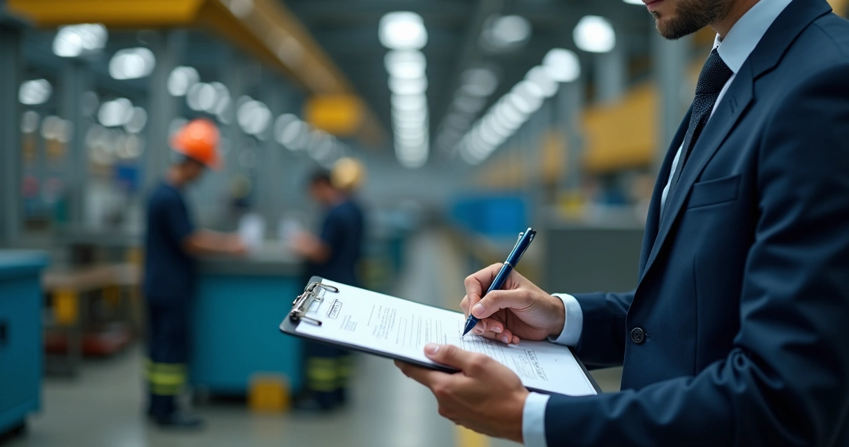 Auditor analisa documentos em fábrica industrial, trabalhadores com EPIs ao fundo