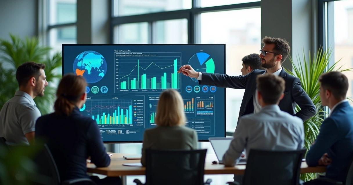 Grupo de profissionais analisando gráficos em tela digital sobre riscos psicossociais na auditoria trabalhista