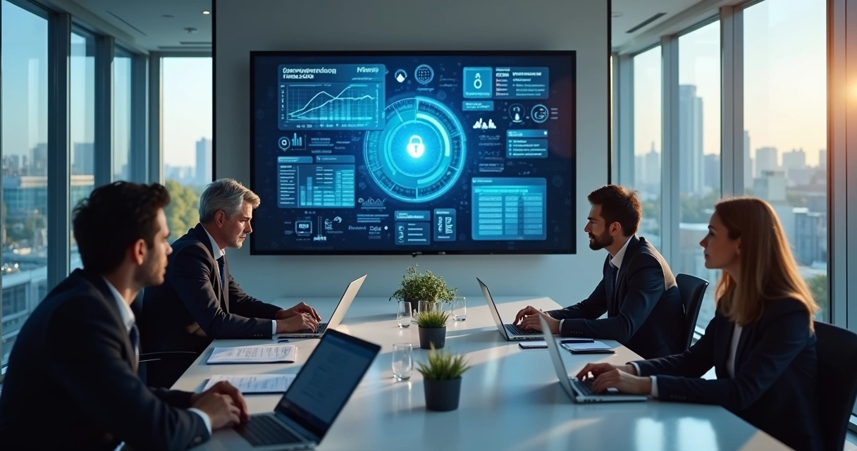 Reunião corporativa analisando relatórios de auditoria de treinamentos digitais