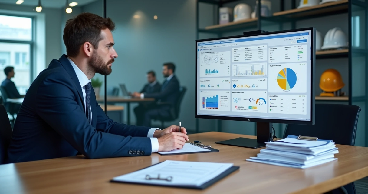Auditor analisando relatórios digitais de treinamento em tela grande de computador 
