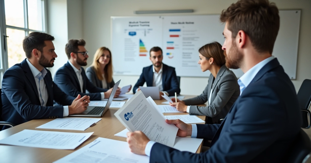 Equipe reunida auditando documentos de treinamento de segurança do trabalho em mesa de reunião com papéis e notebook 