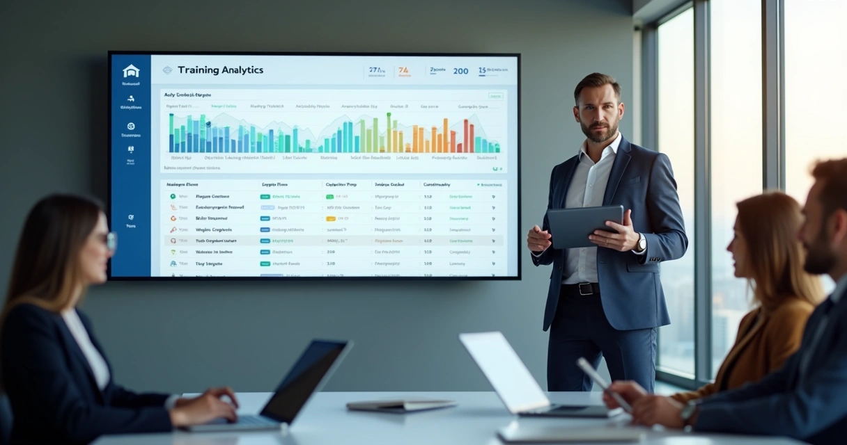 Gestor analisando painel de auditoria de treinamento online em tela grande 