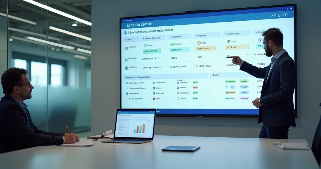 Gestor de qualidade em sala de reunião exibindo painéis de treinamentos auditáveis 