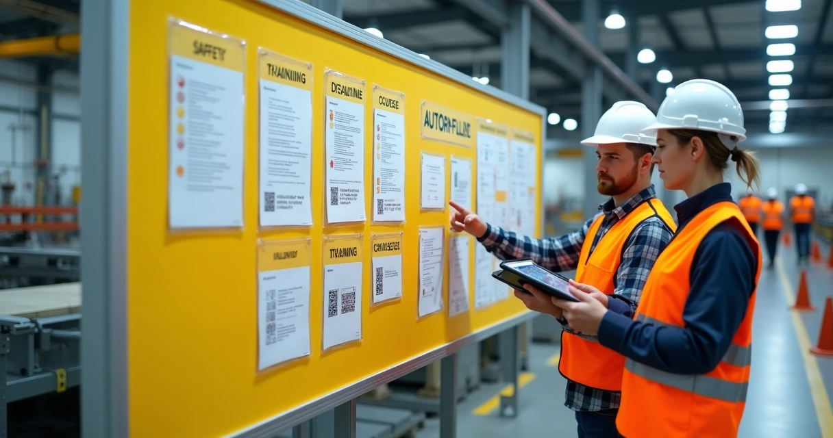 Auditor verifica prancheta de treinamentos de NR em ambiente industrial 