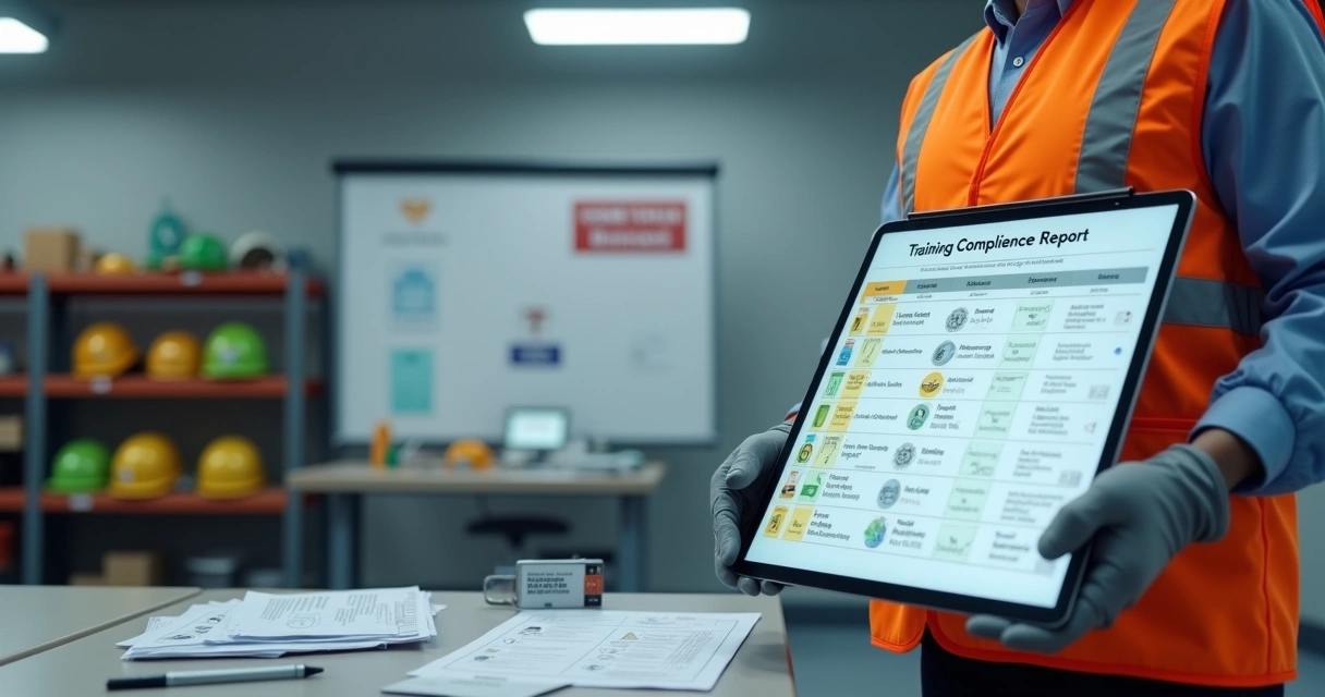 Auditor de segurança do trabalho revisa ficha de treinamentos digital em prancheta eletrônica 
