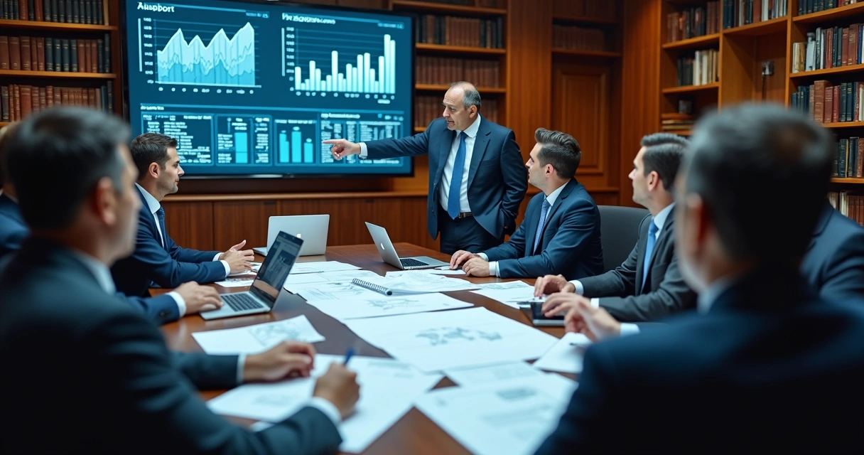 Equipe de auditoria do Tribunal de Contas da União reunida em uma mesa analisando documentos e gráficos 