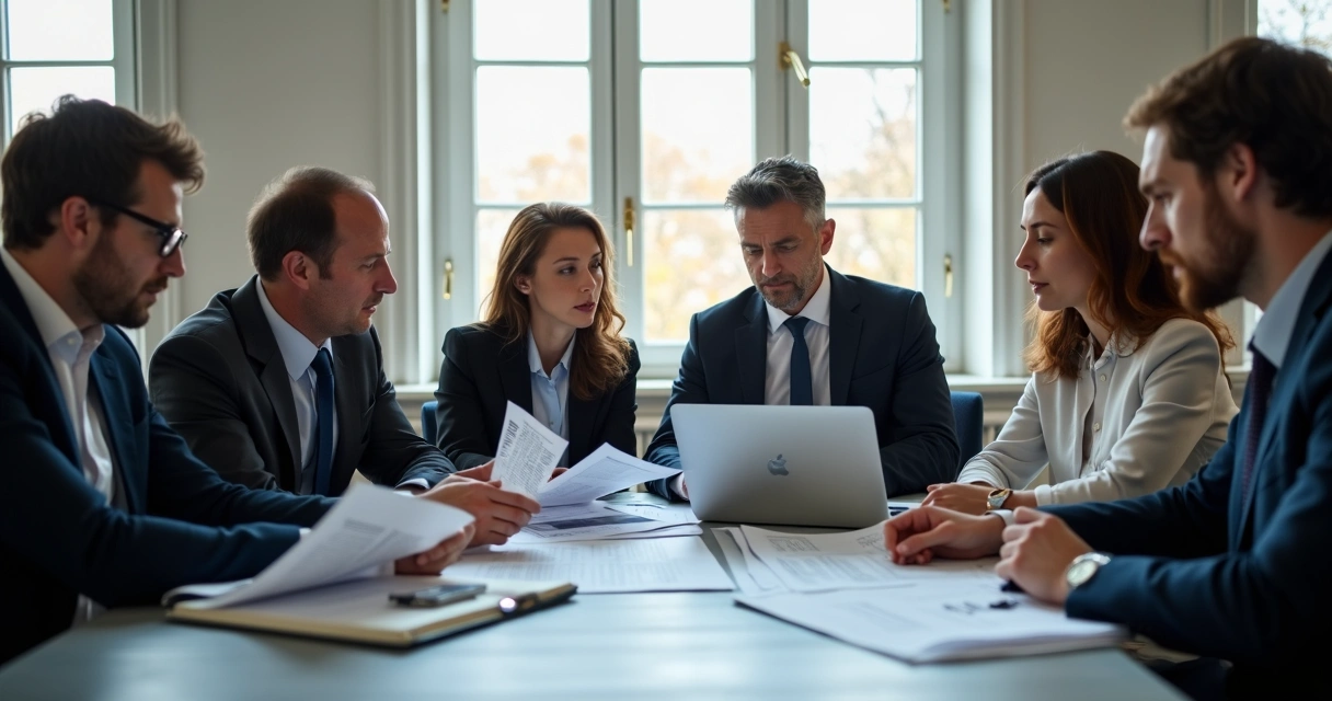 Equipe realizando auditoria fiscal com papéis e computadores 