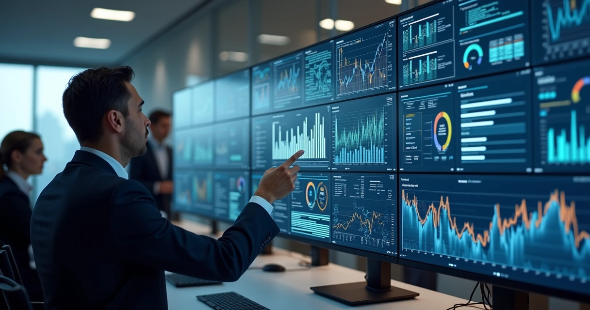 Computadores e telas exibindo gráficos e dados fiscais com operadores analisando informações de auditoria tributária com inteligência artificial 