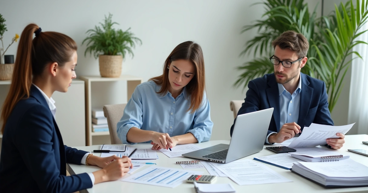Equipe de escritório analisando relatórios fiscais em uma mesa de trabalho 
