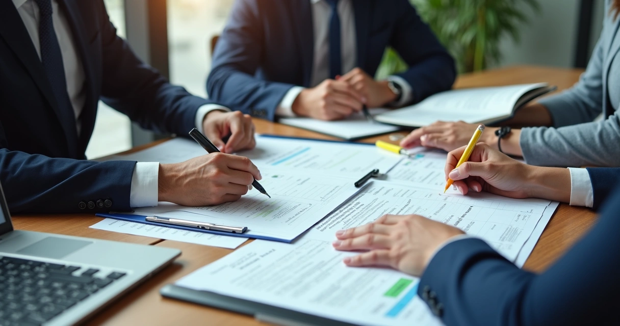 Empresário e equipe reunidos analisando documentos fiscais e planilhas.