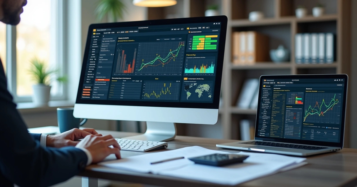 Analista tributário examinando dados fiscais no computador com gráficos e notas fiscais em ambiente corporativo 