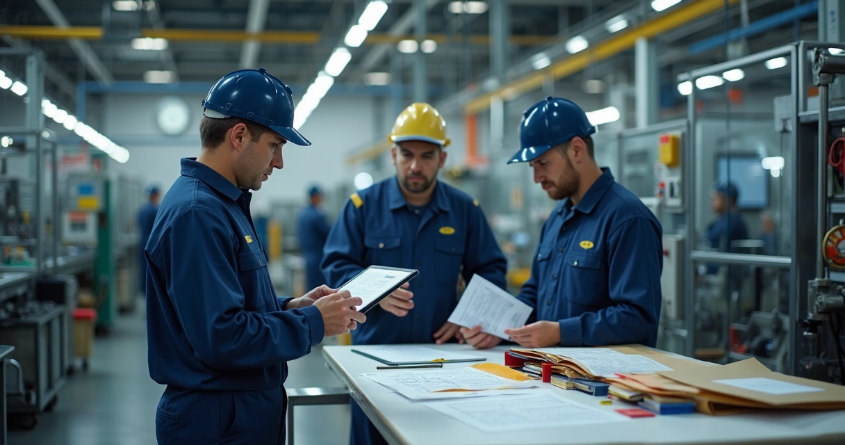 Auditor analisa documentos e registros entre equipes em fábrica