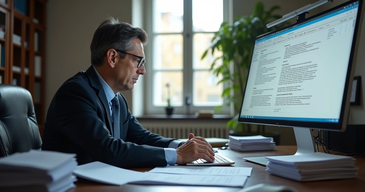 Advogado auditando informações em desktop com papéis ao redor 