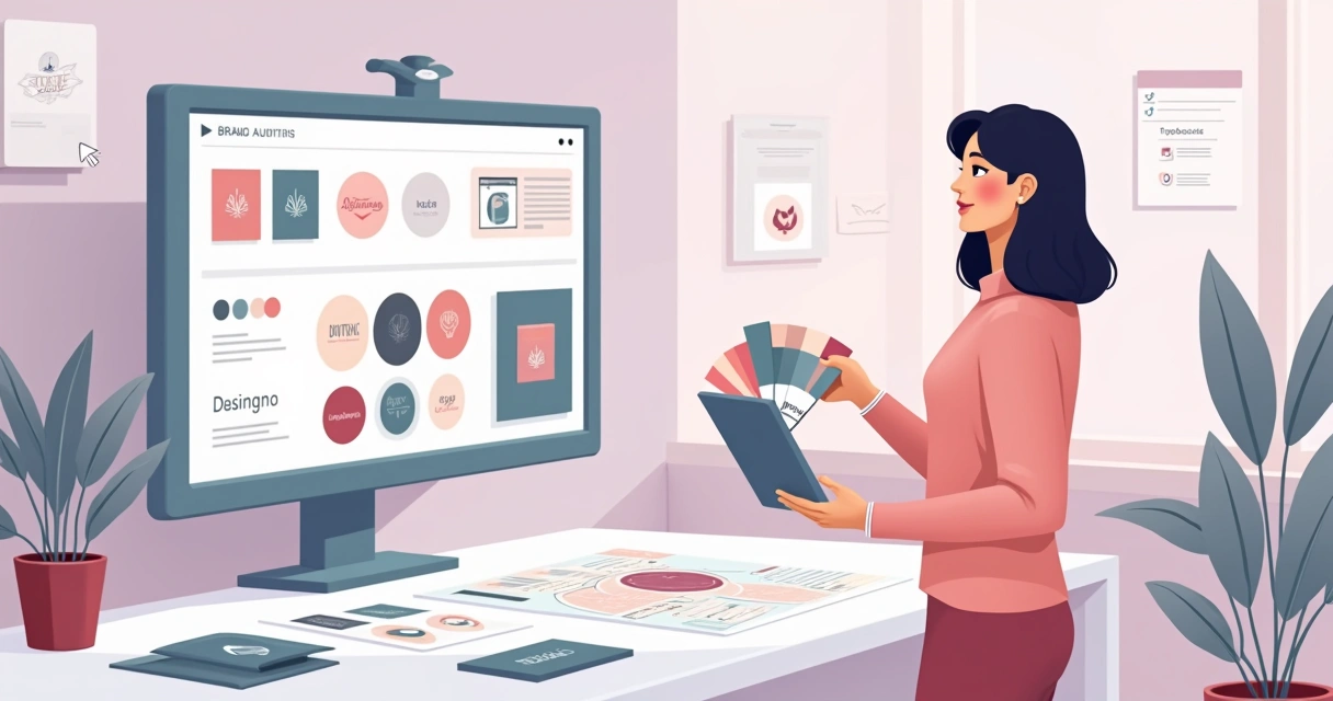 Mulher analisando identidade visual feminina em telas e materiais impressos 