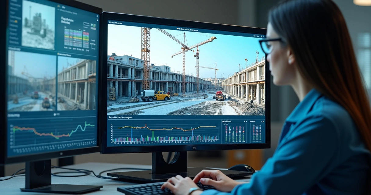 Tela com imagens de obra e linha do tempo visual 
