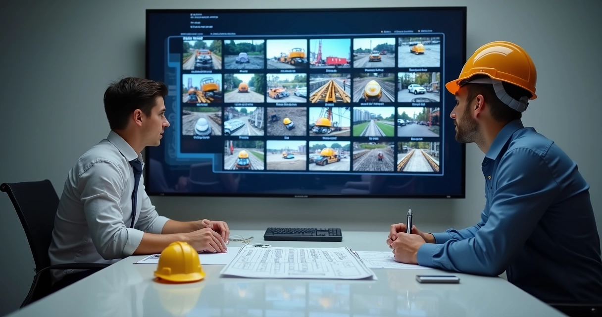 Auditor observando imagens da obra em tela grande 