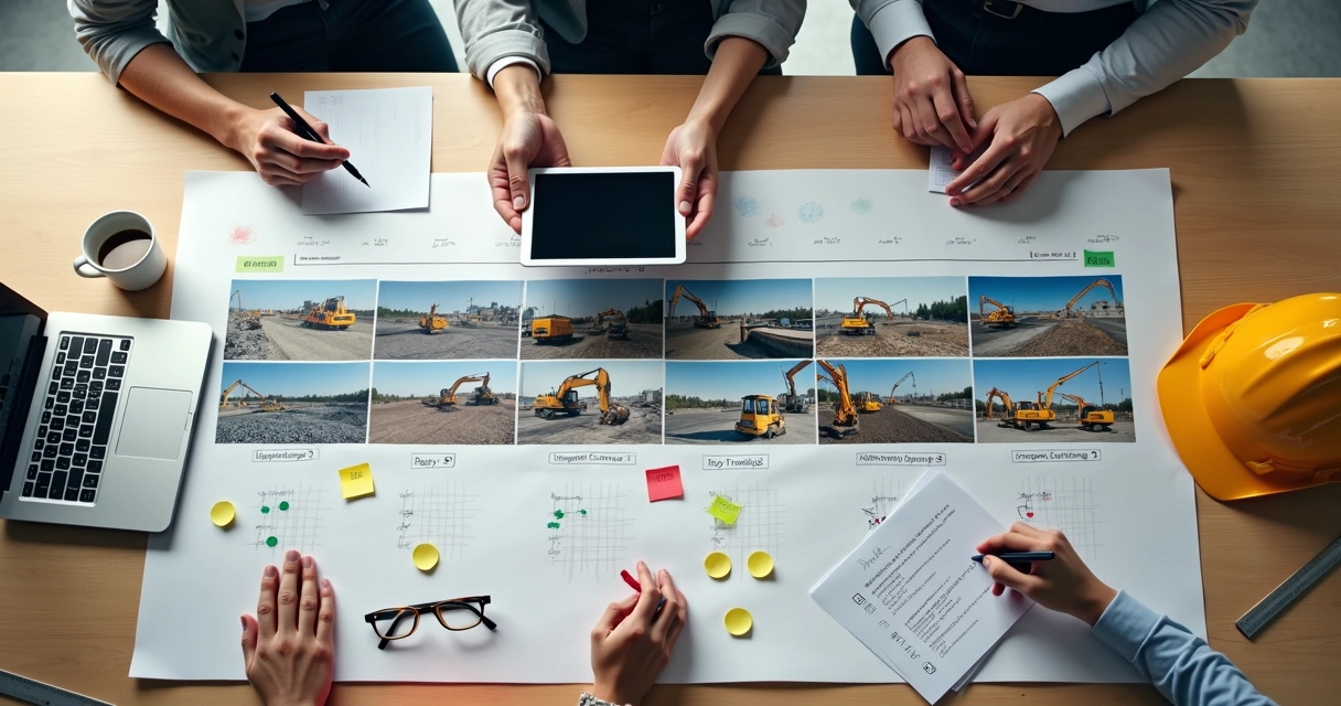 Sequência de fotos de obra formando auditoria visual semanal sobre mesa de reunião 