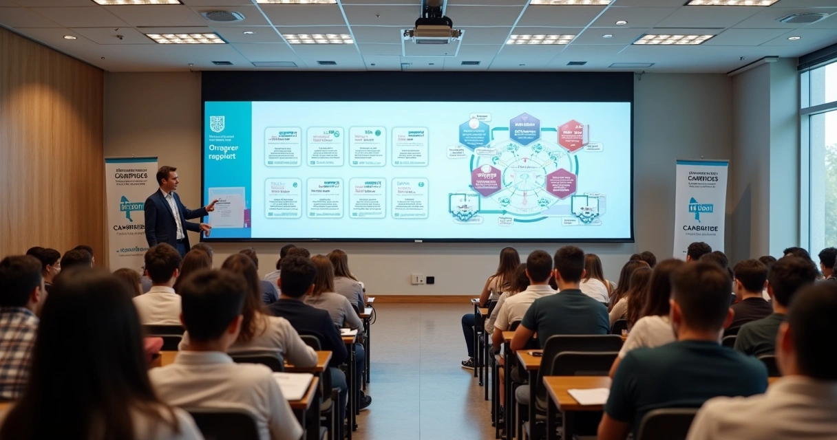 Painel com certificados Cambridge projetado em auditório escolar moderno 