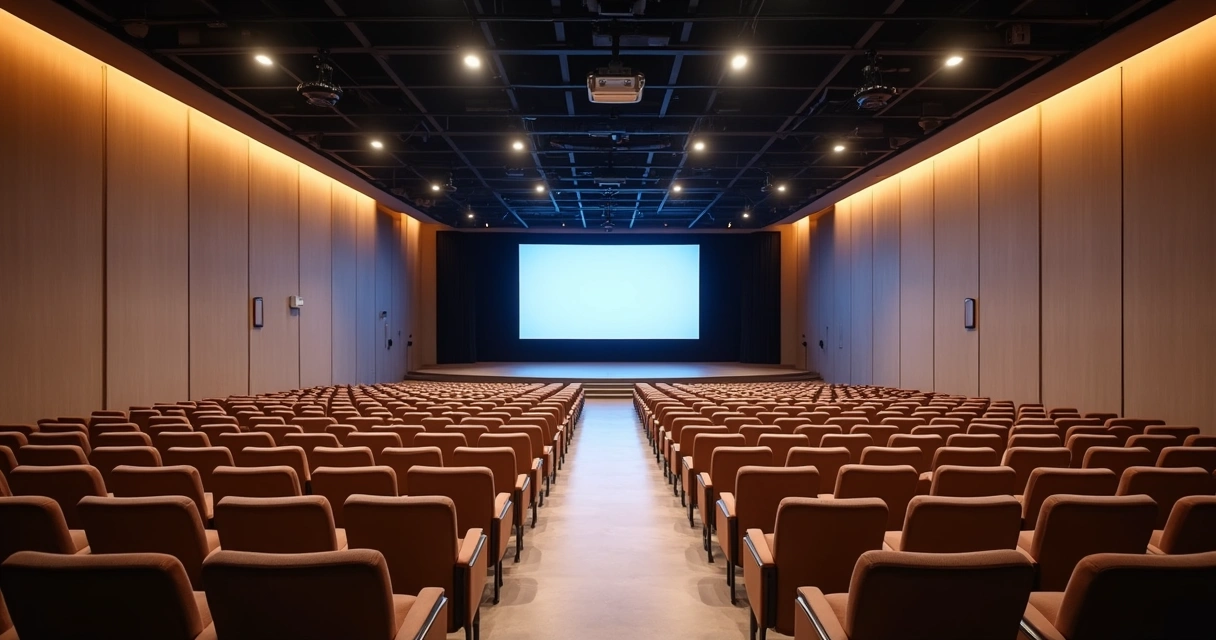 Auditório corporativo moderno e vazio, ideal para eventos empresariais
