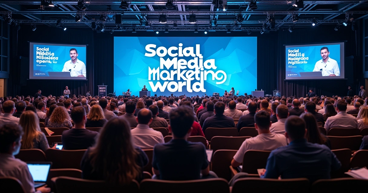 Auditório de conferência cheio com pessoas anotando sobre marketing digital 