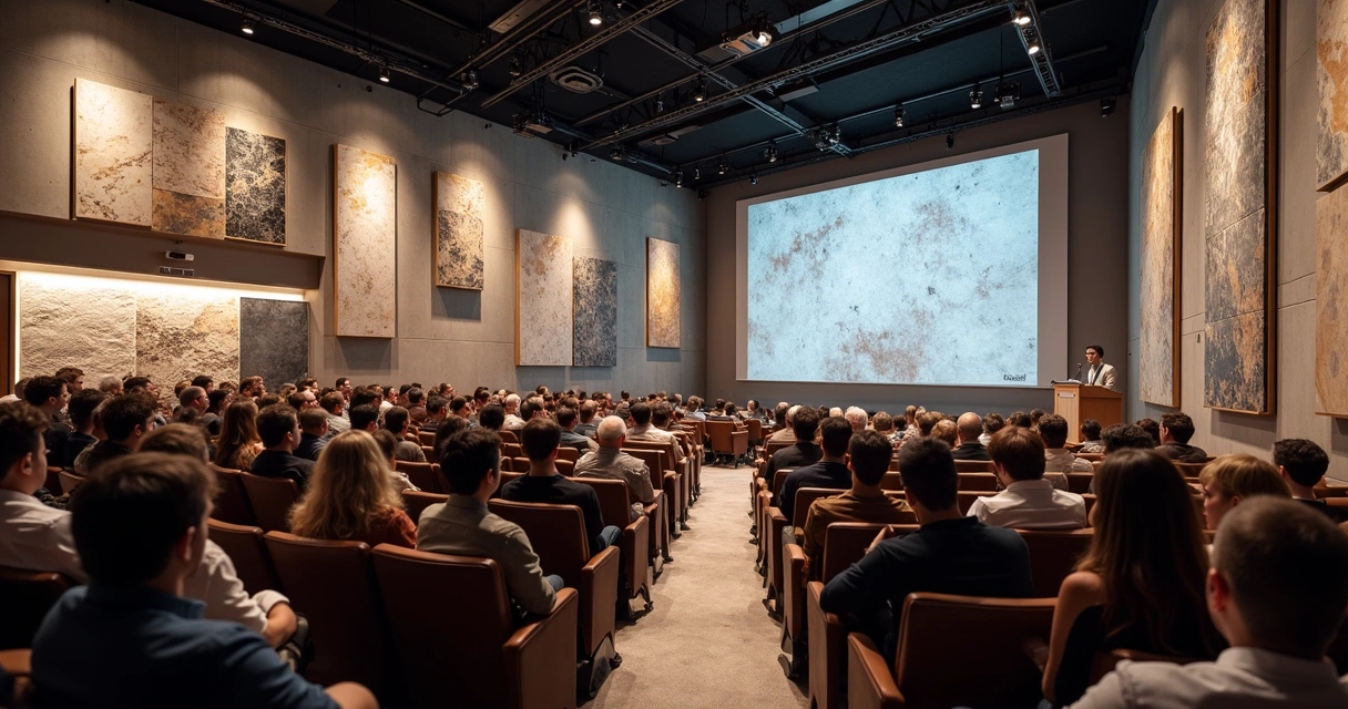 Auditório de evento sobre pedras com público e palestra 
