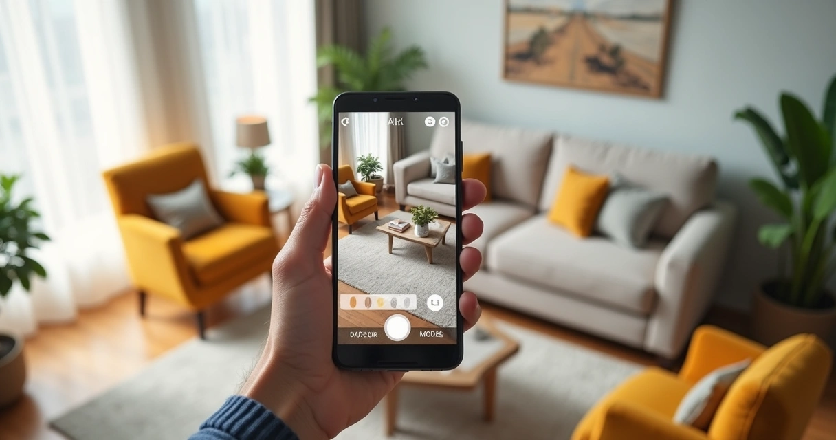 User viewing virtual furniture in living room with AR 