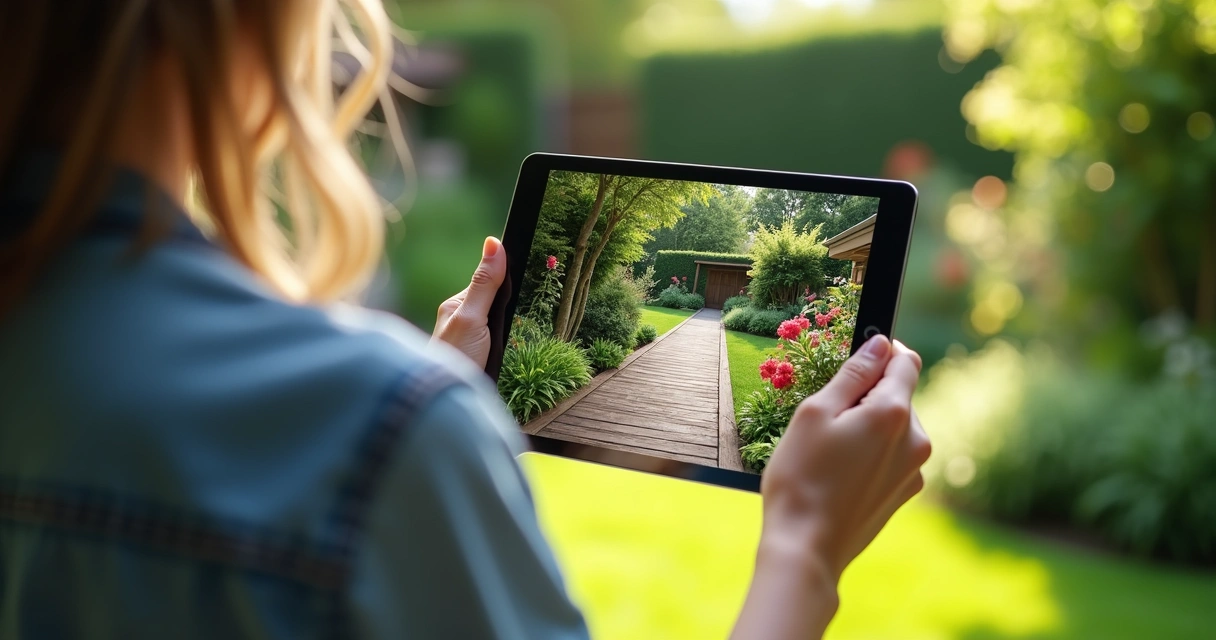 Person using augmented reality on a tablet to view a 3D garden overlay in their yard