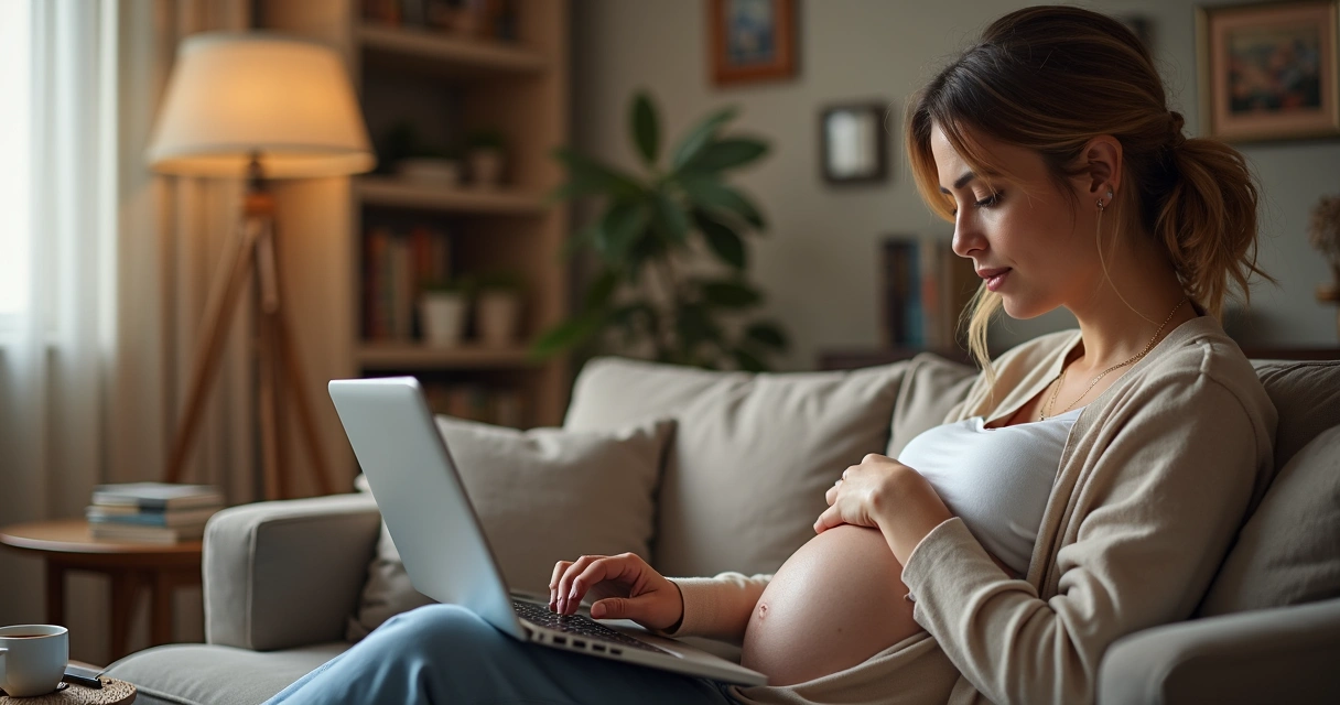 Gestante assistindo aula de amamentação online sentada no sofá 