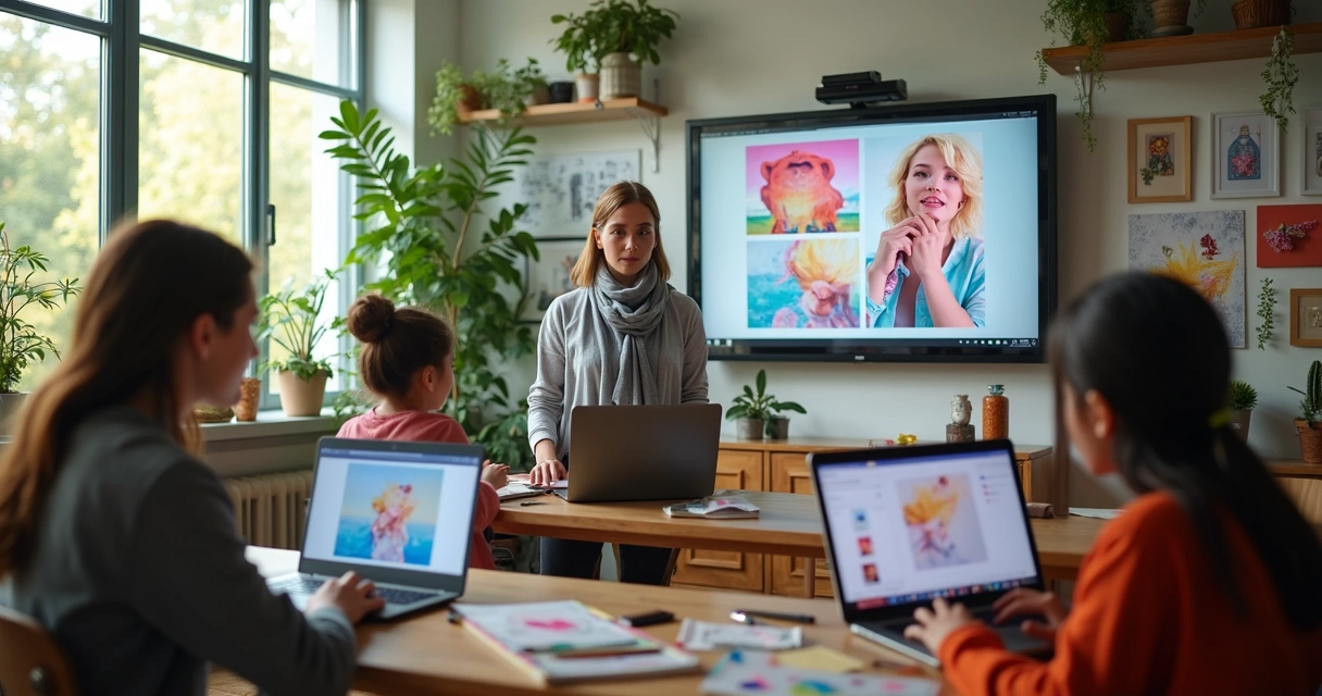 Educadora conduzindo aula online de arte para adultos e jovens em ambiente de ensino virtual 