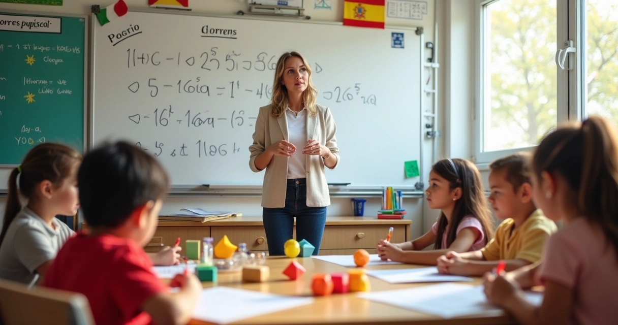 Professor explicando matemática em sala bilíngue com estudantes concentrados 