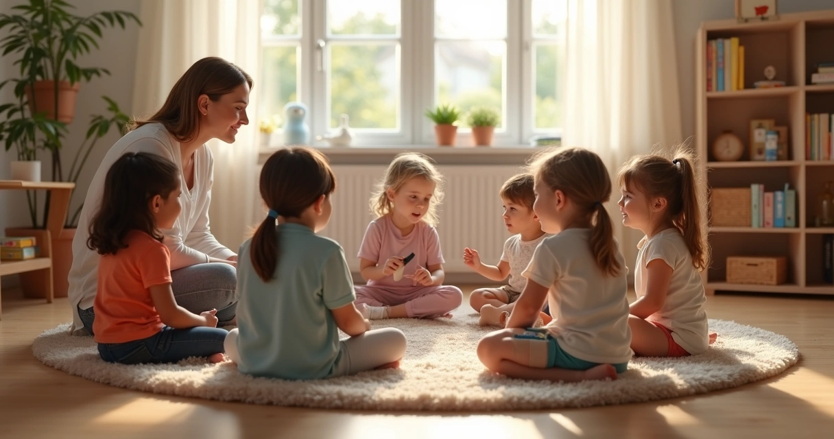 Docente y niños en aula serena con círculo de conversación