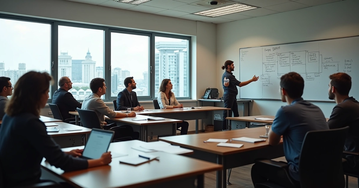 Sala de aula em curso presencial de elaboração de projetos em Curitiba