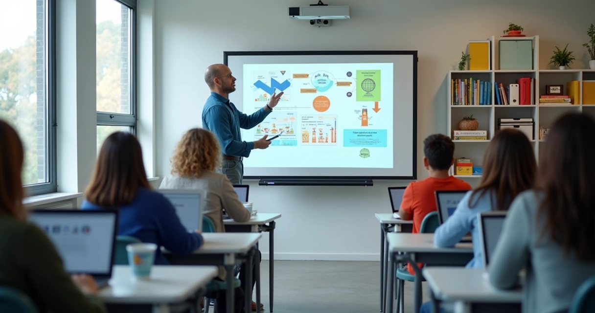 Professor utiliza lousa digital em sala de aula com alunos atentos 